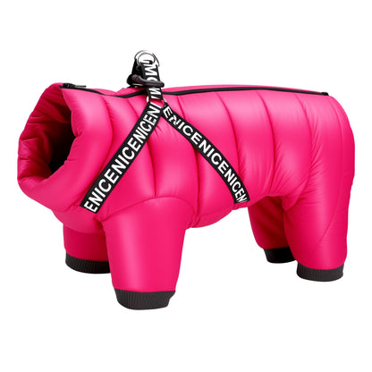 Warm waterproof puffer dog jacket in pink with built-in harness and full-body design.