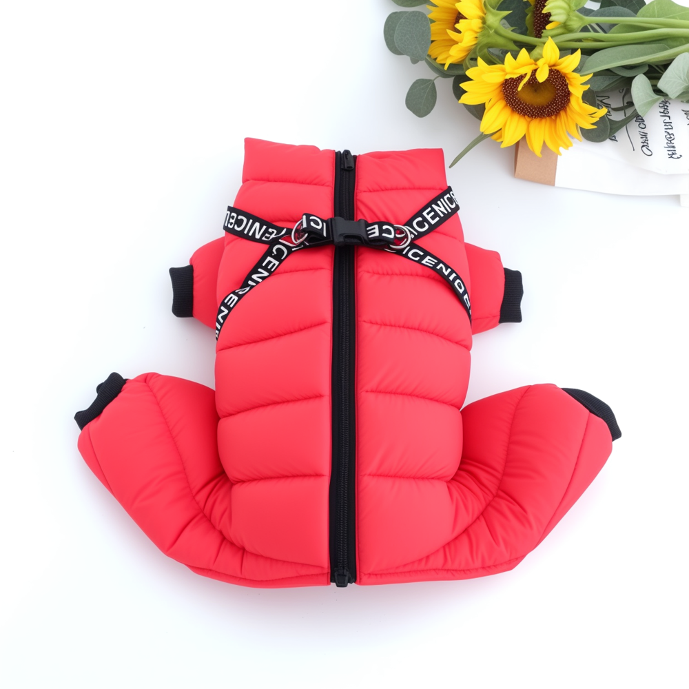 Red puffer vest with black trim on a white background with sunflowers.
