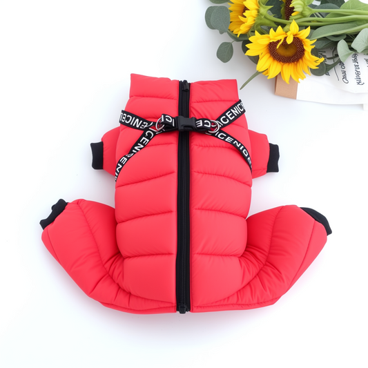 Red puffer vest with black trim on a white background with sunflowers.