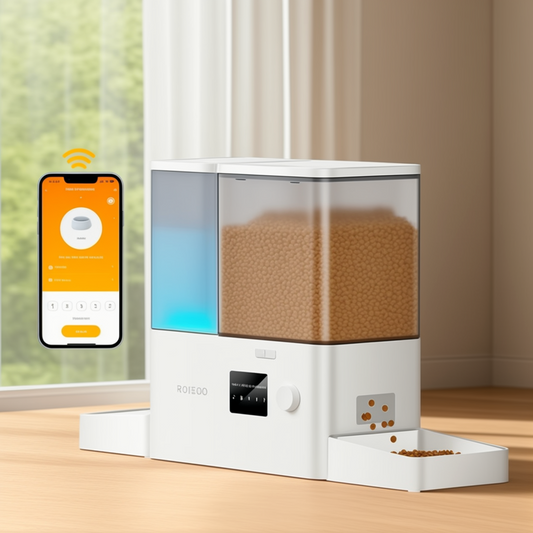 close-up of automatic dog feeder dispensing food
