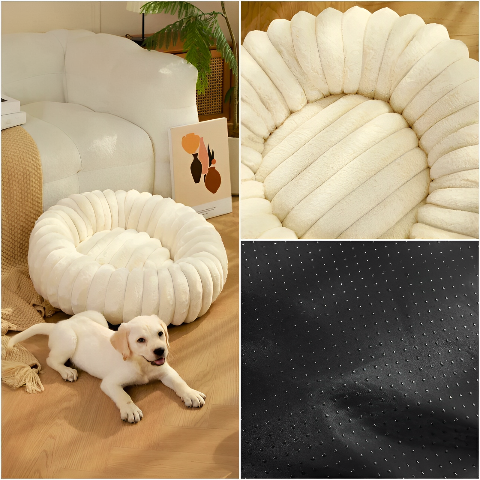 anti-slip donut dog bed on wooden floor
