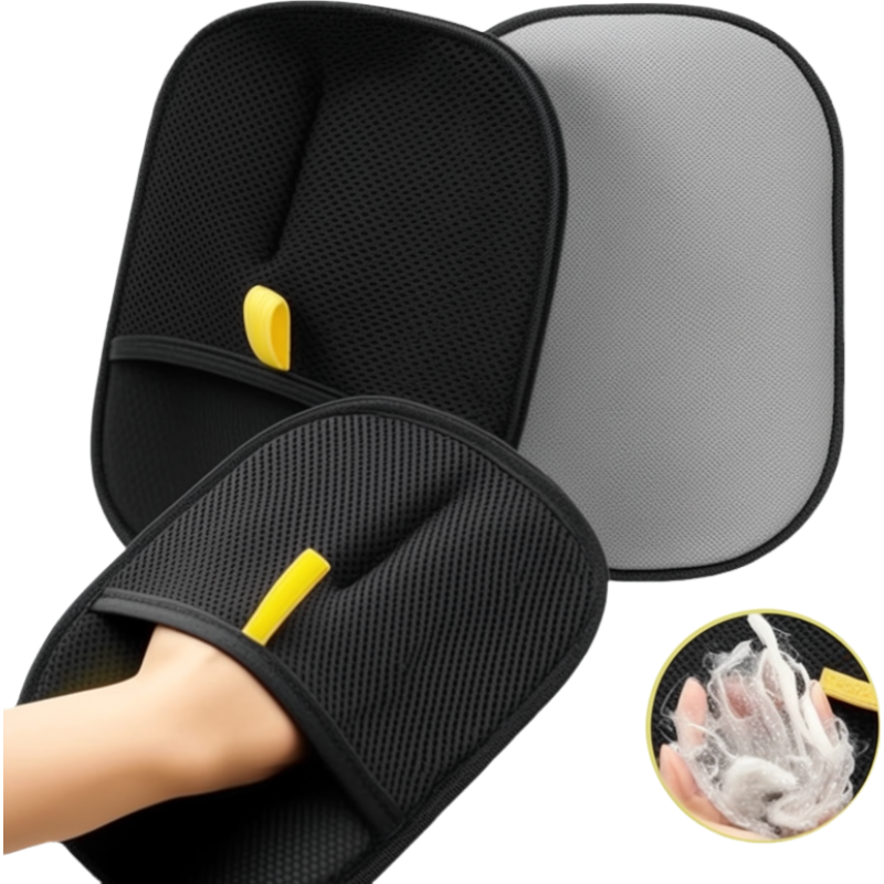 Black massage glove with yellow accents and a gray mesh pad on a white background.