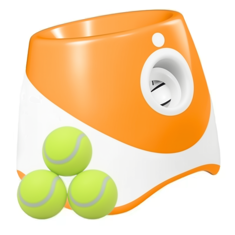 Orange and white ball holder with three tennis balls on a white background