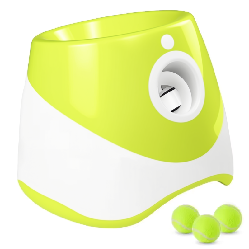 Green and white ball launcher with tennis balls on a white background