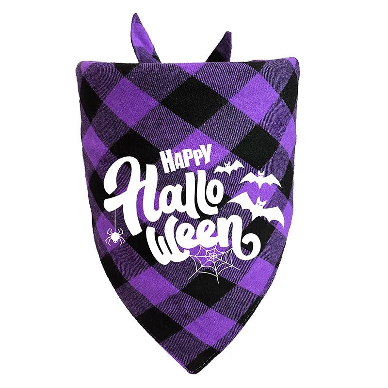 Halloween-themed bandana with purple and black checkered pattern and 'Happy Halloween' text.