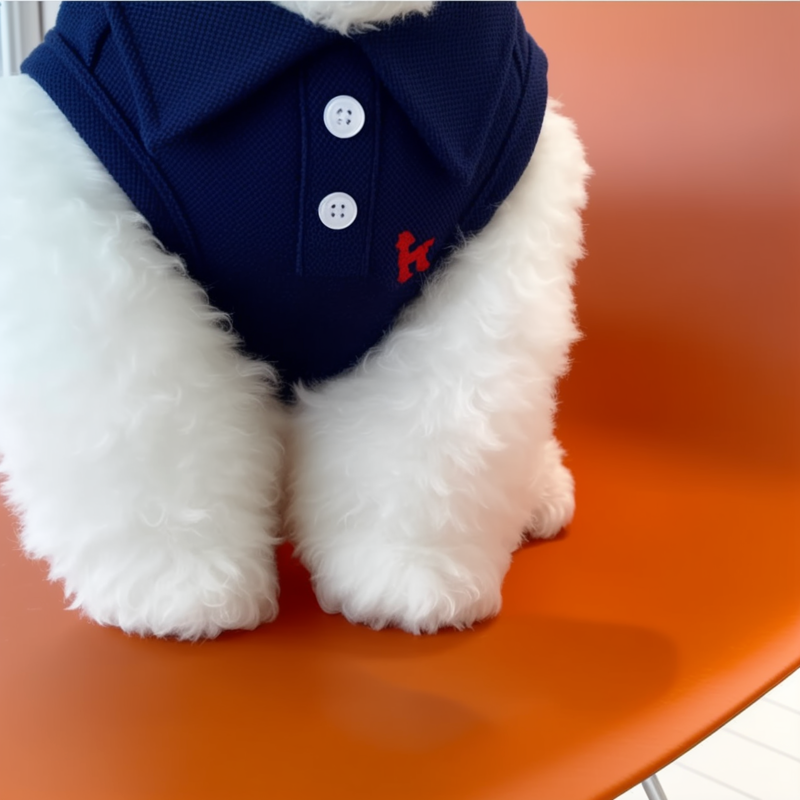 White dog wearing a navy blue polo shirt with a red logo on an orange chair.
