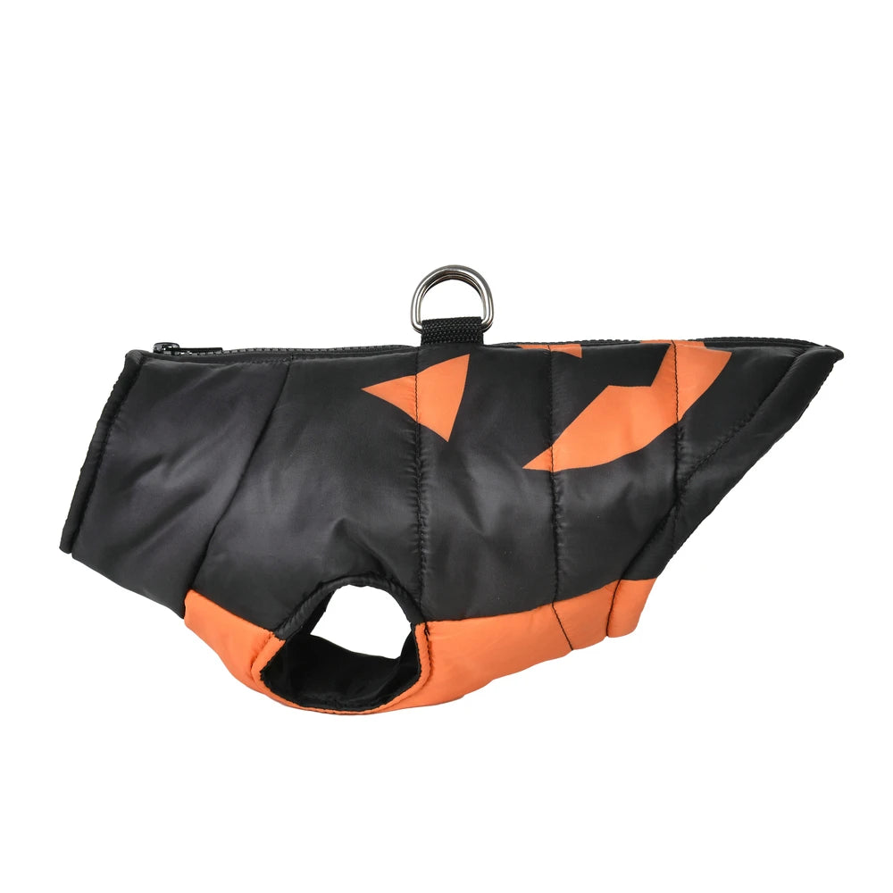 Black and orange dog jacket with a zipper on a white background