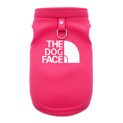 Pink dog coat with 'The Dog Face' logo on a white background