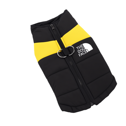 Black and yellow dog vest with 'The Dog Face' logo on a white background