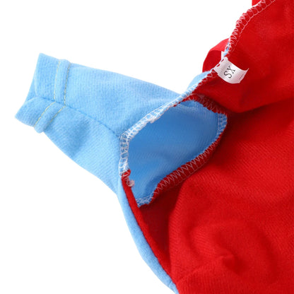 Red and blue baby pants with a visible size tag on a white background