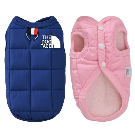 Dog winter puffer jacket in blue and pink – warm coat with plush lining and snap buttons for small dogs.