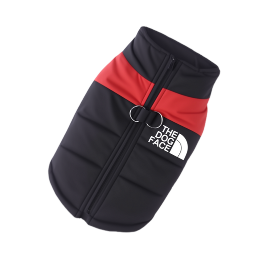 Black and red dog coat with 'The Dog Face' logo on a white background