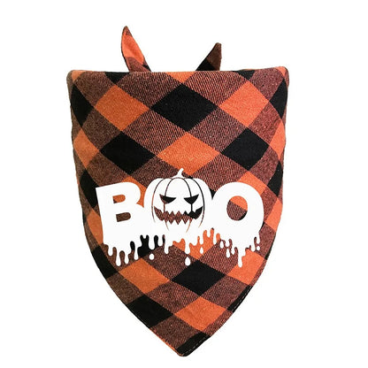 Halloween-themed bandana with checkered pattern and 'BOO' design on a white background