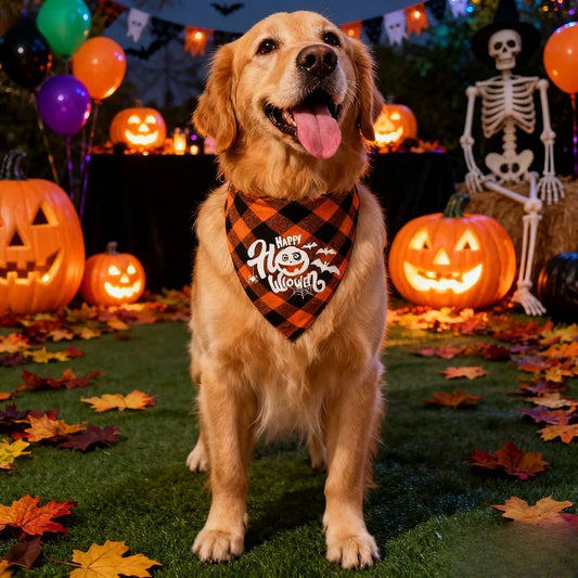 Dog wearing a Halloween bandana in a festive outdoor setting with pumpkins and a skeleton.