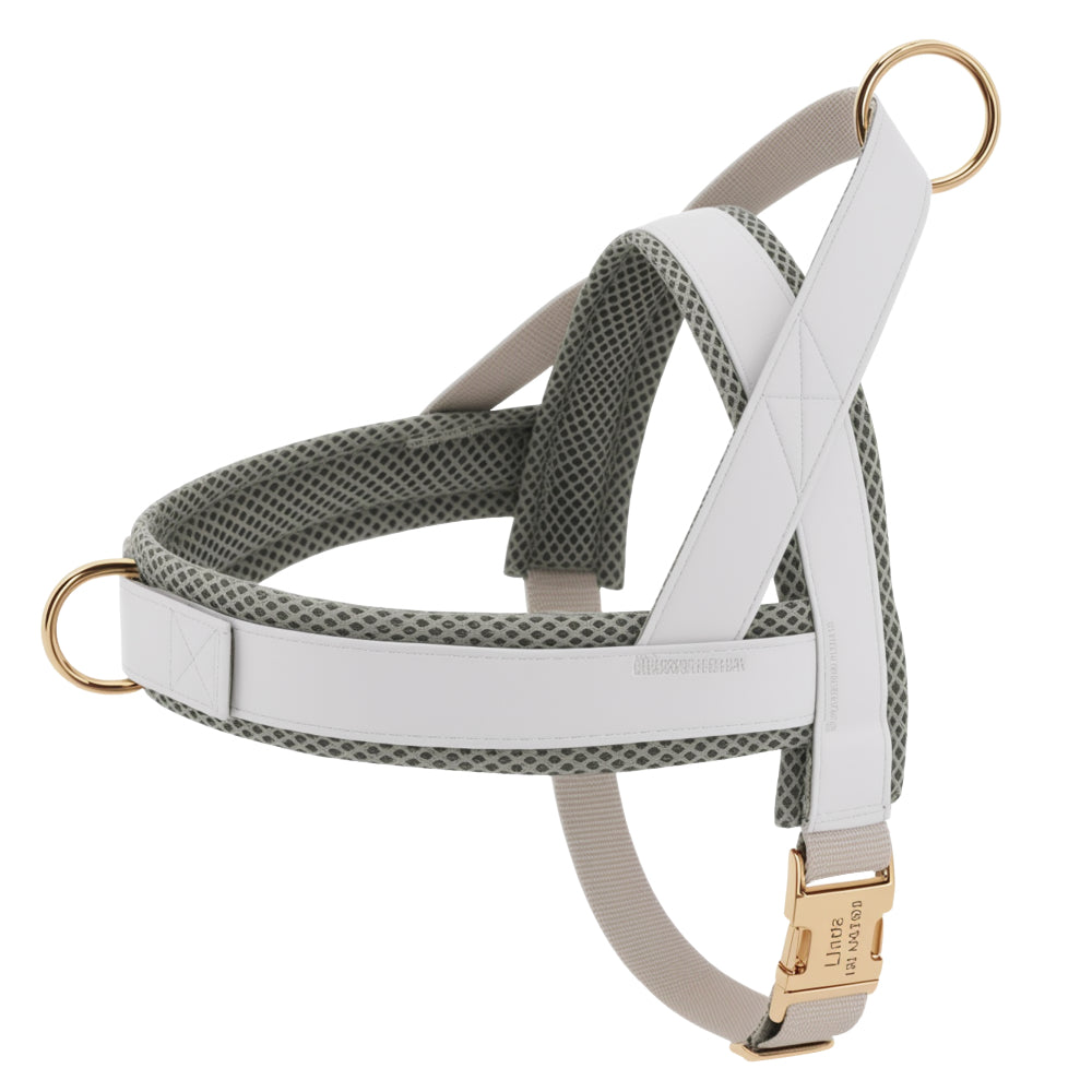 White personalized dog harness with breathable mesh lining and golden buckle