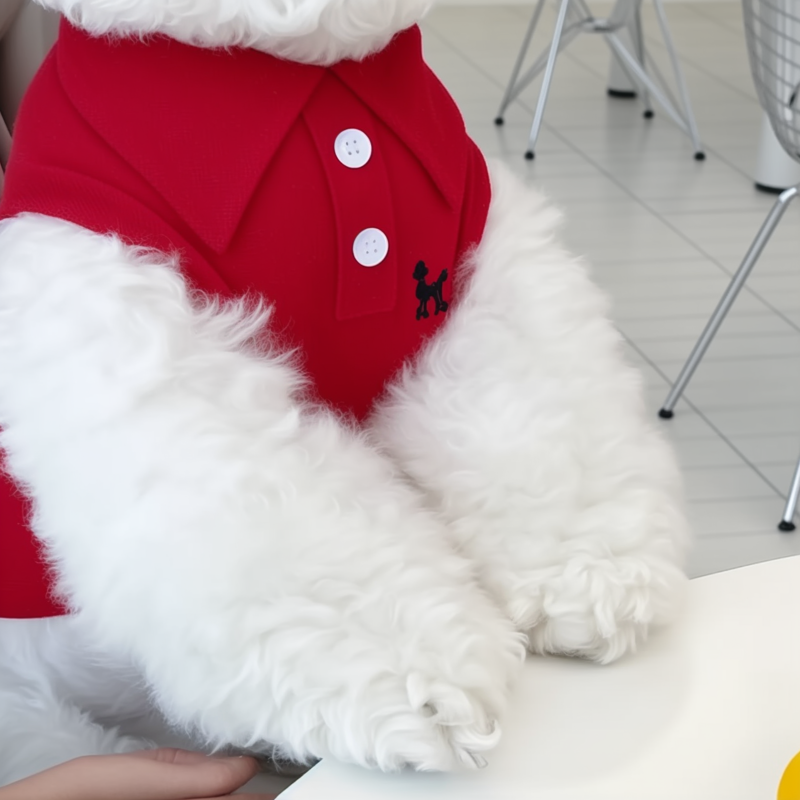White fluffy dog wearing a red outfit with buttons on a light-colored floor.