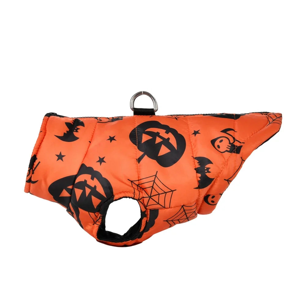 Orange dog vest with black Halloween patterns on a white background