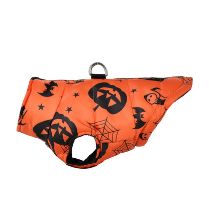 Orange dog vest with black Halloween patterns on a white background
