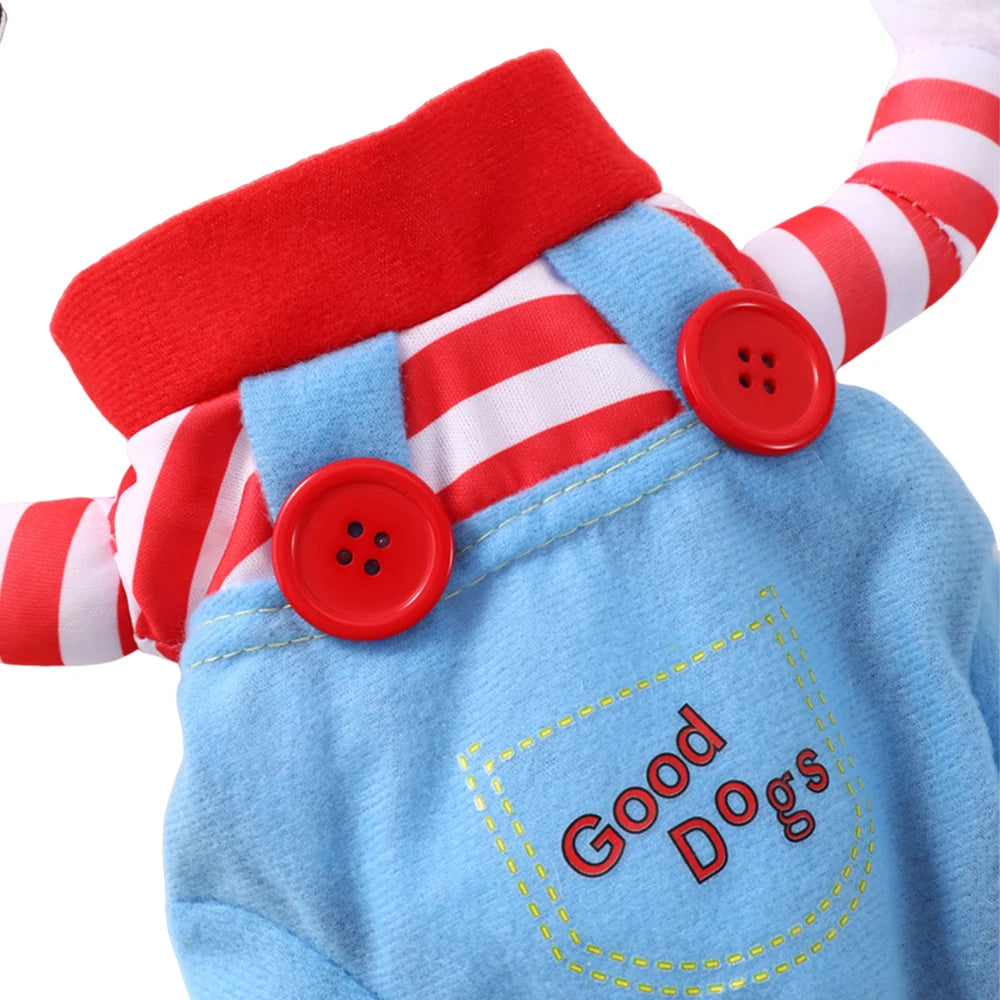 Dog costume with red and white striped pants, blue overalls, and 'Good Dogs' text on a white background.