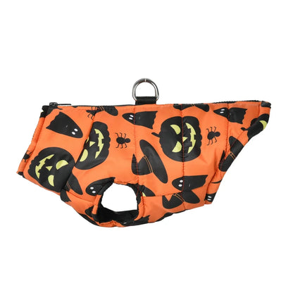 Halloween-themed dog harness with pumpkins and ghosts on an orange background