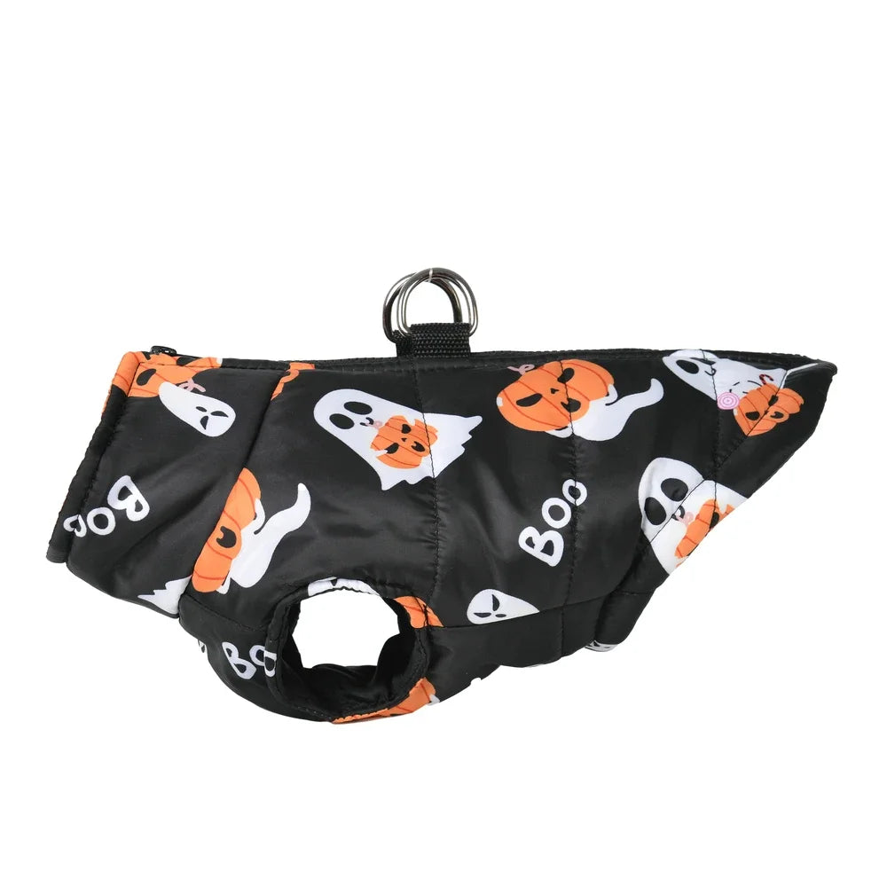 Black dog harness with Halloween-themed design on a white background