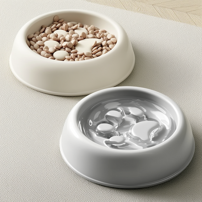 Two white ceramic bowls on a light surface, one filled with water and the other with beans.