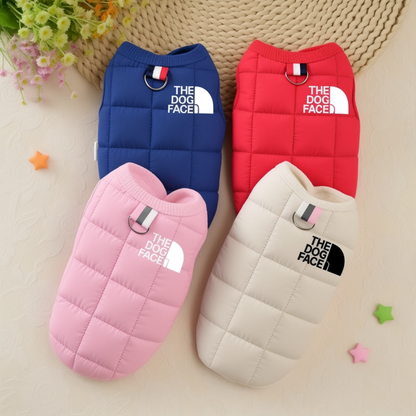 Set of colorful dog winter puffer jackets – blue, red, pink, and beige – stylish warm coats for small breeds.