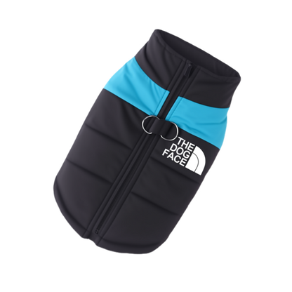 Black and blue dog coat with 'The Dog Face' logo on a white background