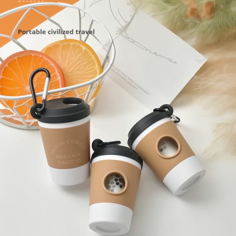 Hand holding coffee cup poop bag holder clipped to leash.