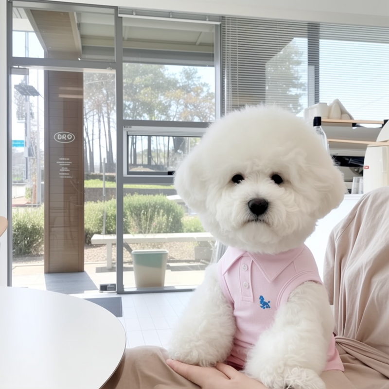 White dog wearing a pink outfit sitting on a person's lap indoors.