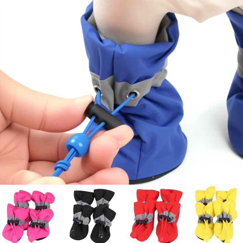Blue pet boot with adjustable lace, held by a hand, with additional colors shown below.