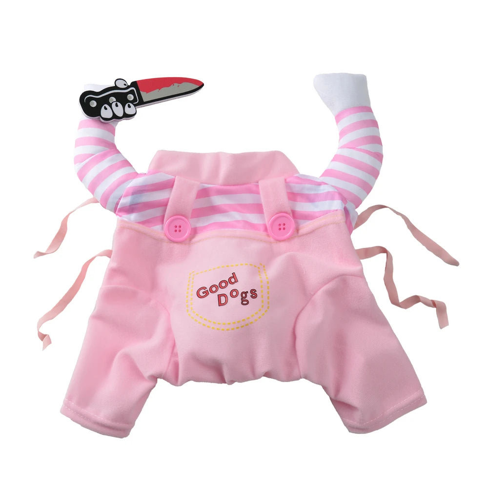 Pink dog costume with striped sleeves and 'Good Dogs' text on a white background