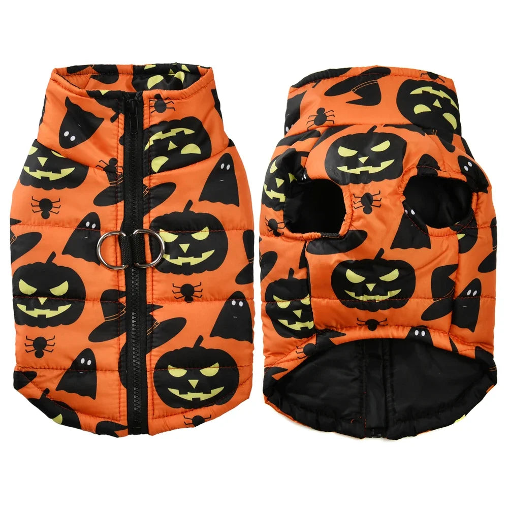 Halloween-themed dog coat with pumpkins, ghosts, and spiders on an orange background.