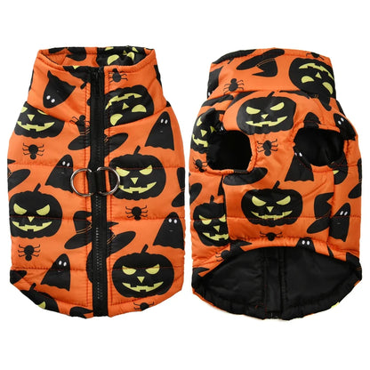 Halloween-themed dog coat with pumpkins, ghosts, and spiders on an orange background.