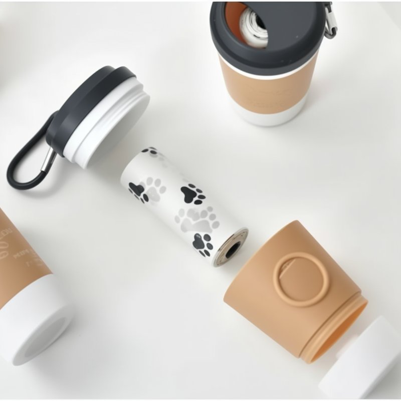 Portable poop bag dispenser opened to show refillable roll inside.