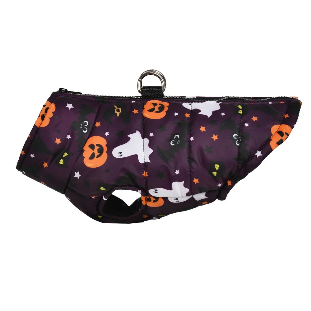 Halloween-themed pet diaper with ghost, pumpkin, and ghost face designs on a purple background.