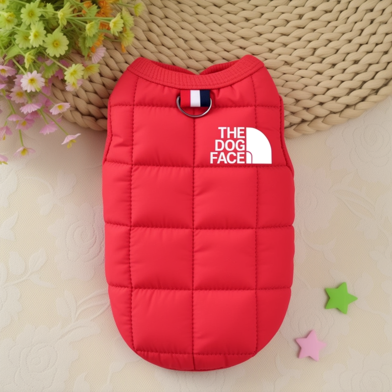 Red dog puffer jacket with leash ring – warm winter coat for small and medium dogs.