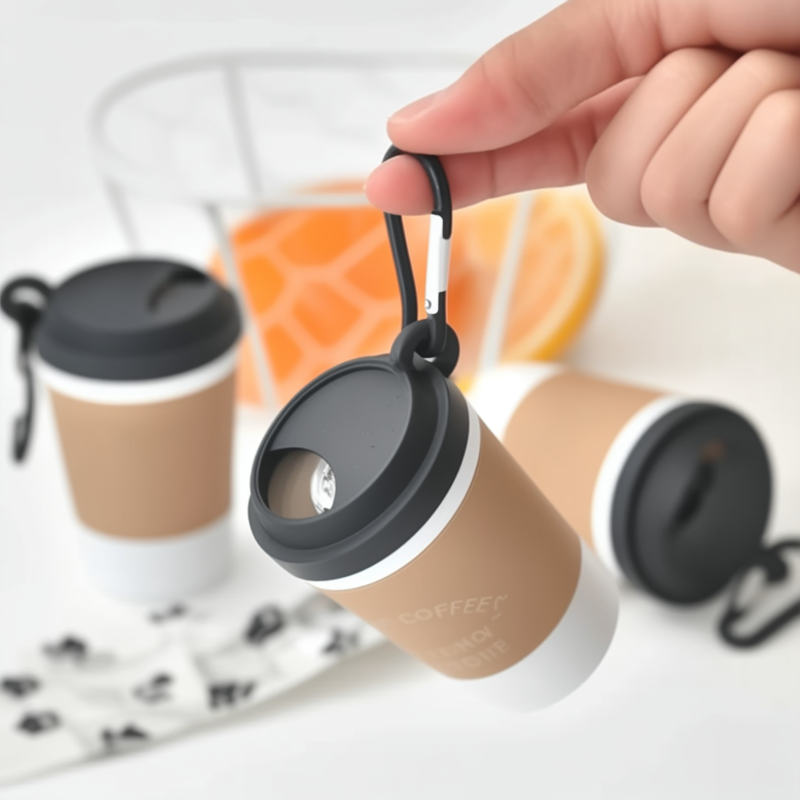 Coffee cup style dog poop bag holder with carabiner clip.