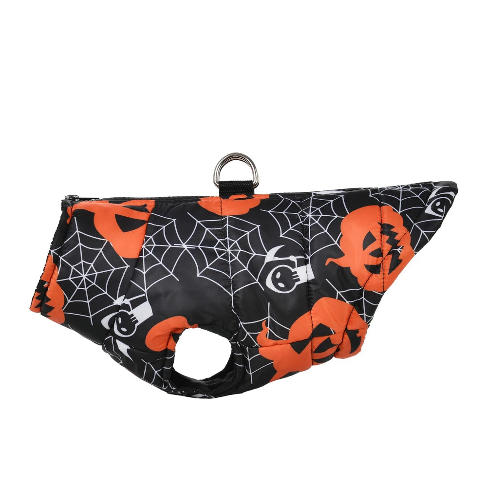 Halloween-themed pet harness with pumpkins, ghosts, and spider webs on a black background.