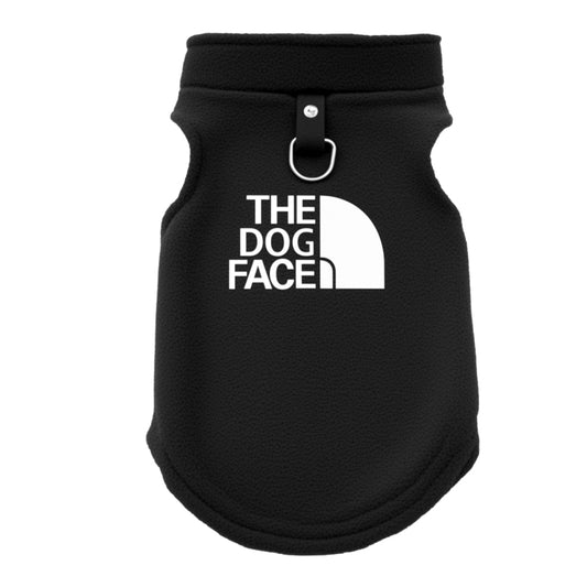 Black pet vest with 'The Dog Face' logo on a white background