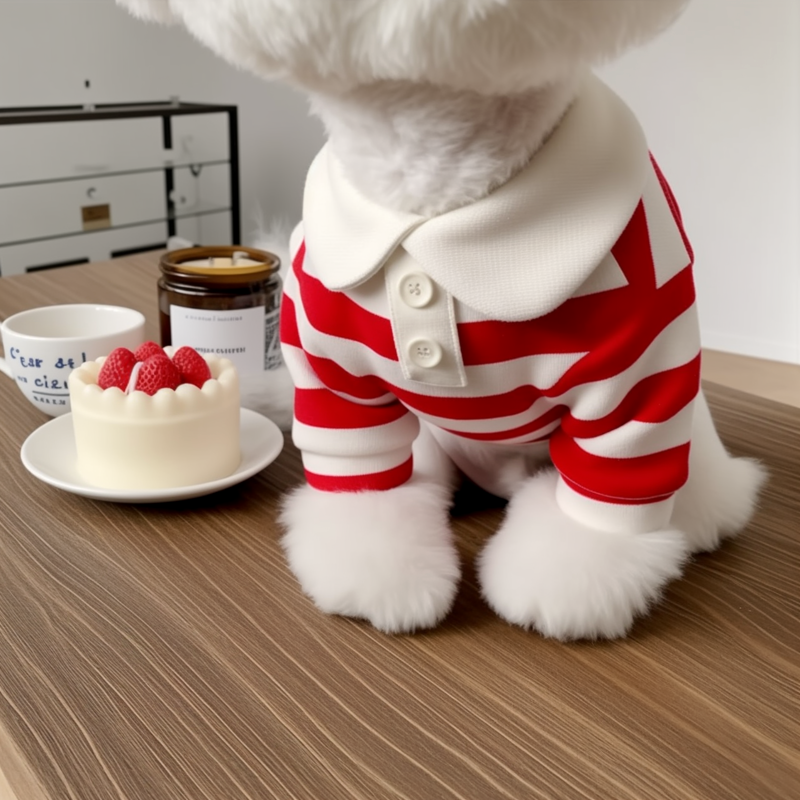 White dog wearing a red and white striped outfit next to a small cake on a wooden table.