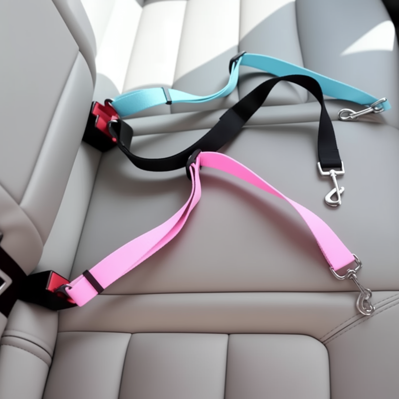 Dog leashes in various colors on a car seat