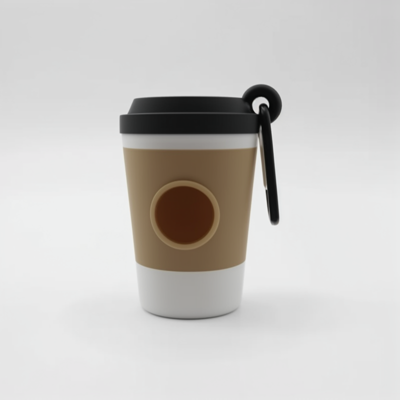Compact coffee cup dog poop bag holder on white background.