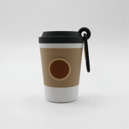 Compact coffee cup dog poop bag holder on white background.