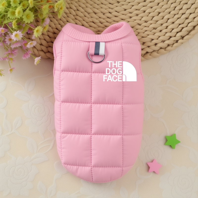 Pink dog winter coat with plush lining – fashionable puffer jacket for small dogs.