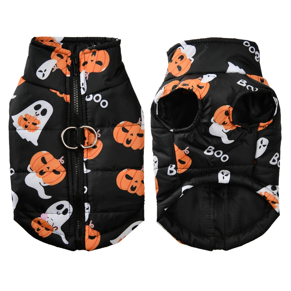 Black dog coat with Halloween pattern featuring pumpkins, ghosts, and 'BOO' text on a white background.