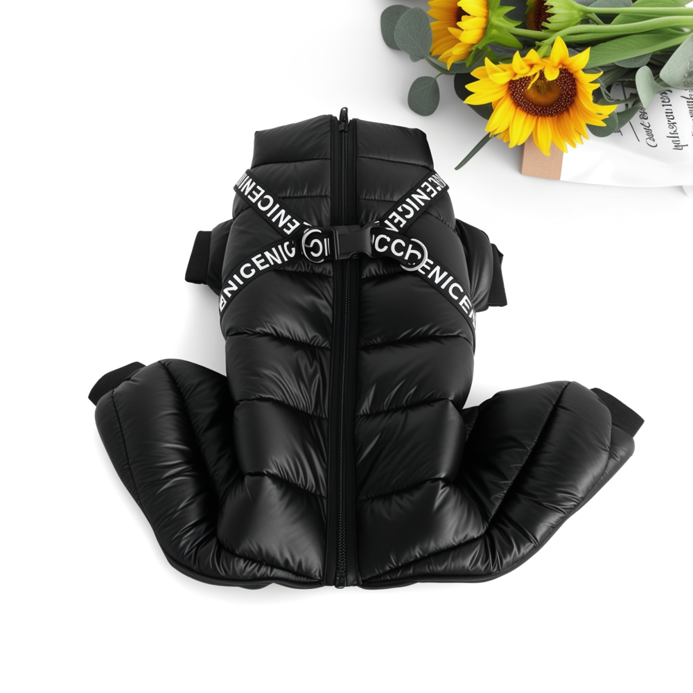 Black puffer jacket with brand logo on a white background with sunflowers.