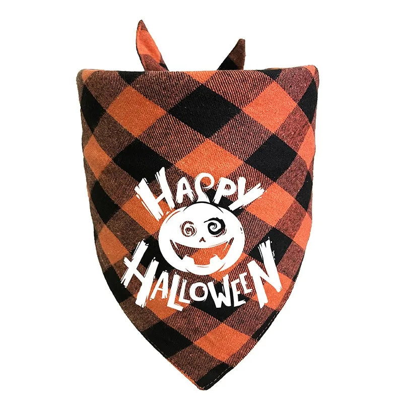 Halloween-themed checkered bandana with 'Happy Halloween' text and pumpkin design on a white background.