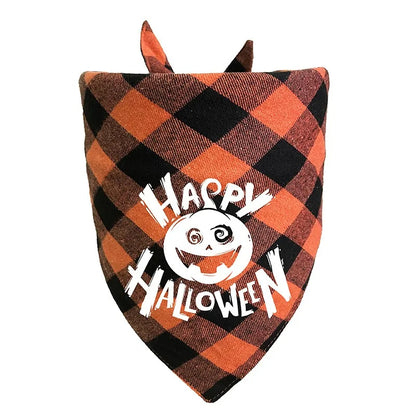 Halloween-themed checkered bandana with 'Happy Halloween' text and pumpkin design on a white background.