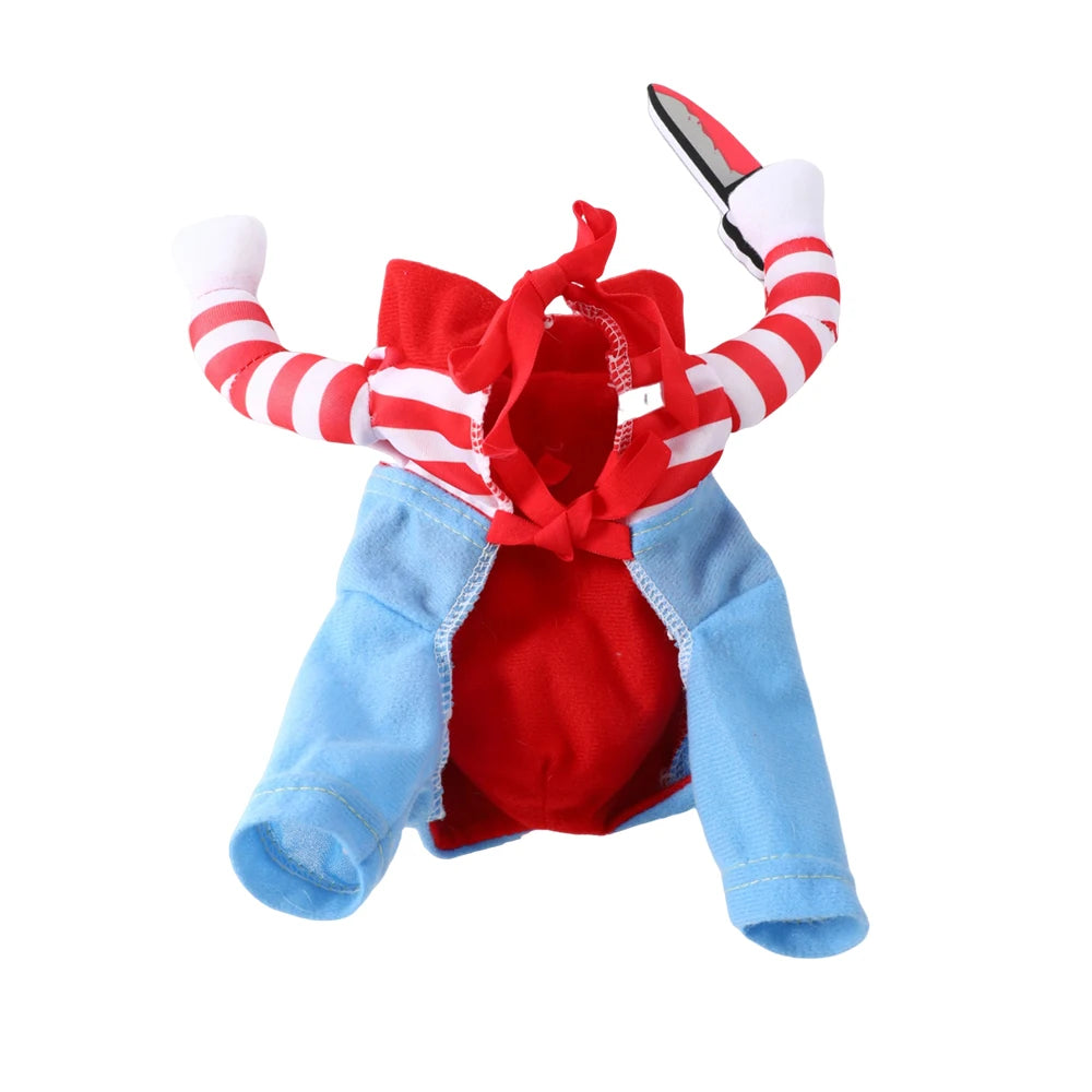 Toy figure with red top, blue pants, and striped sleeves on a white background